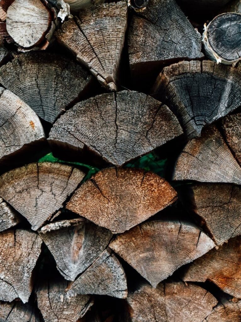 A detailed close-up of neatly stacked firewood showcasing natural textures.